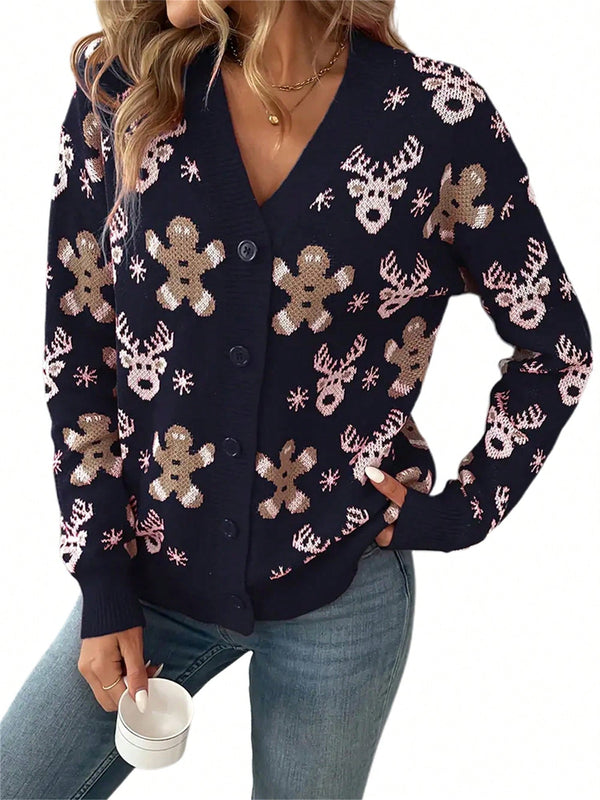 Cardigan de navidad para mujer de manga larga, cuello en v, abotonado, con estampado de renos y hombres de jengibre
