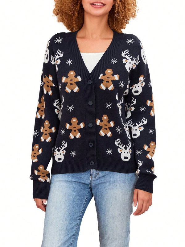 Cardigan de navidad para mujer de manga larga, cuello en v, abotonado, con estampado de renos y hombres de jengibre