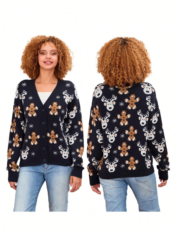 Cardigan de navidad para mujer de manga larga, cuello en v, abotonado, con estampado de renos y hombres de jengibre