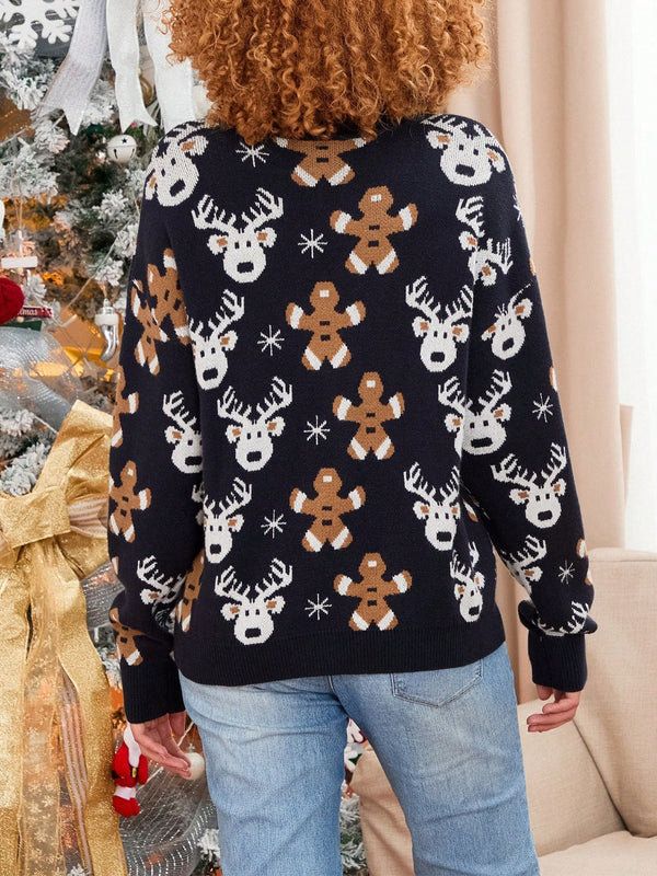 Cardigan de navidad para mujer de manga larga, cuello en v, abotonado, con estampado de renos y hombres de jengibre