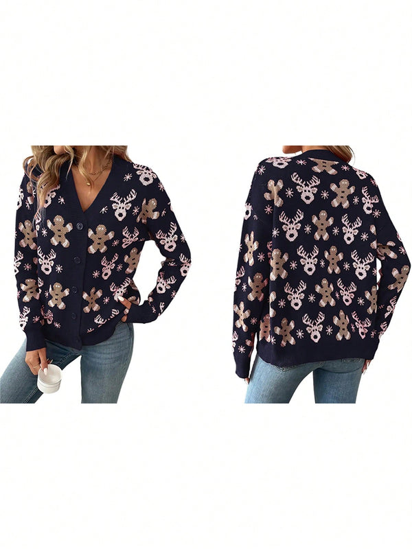 Cardigan de navidad para mujer de manga larga, cuello en v, abotonado, con estampado de renos y hombres de jengibre