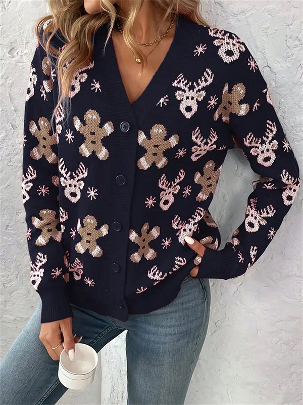 Cardigan de navidad para mujer de manga larga, cuello en v, abotonado, con estampado de renos y hombres de jengibre