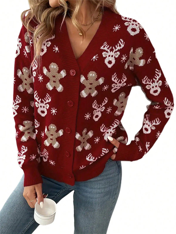 Cardigan de navidad para mujer de manga larga, cuello en v, abotonado, con estampado de renos y hombres de jengibre