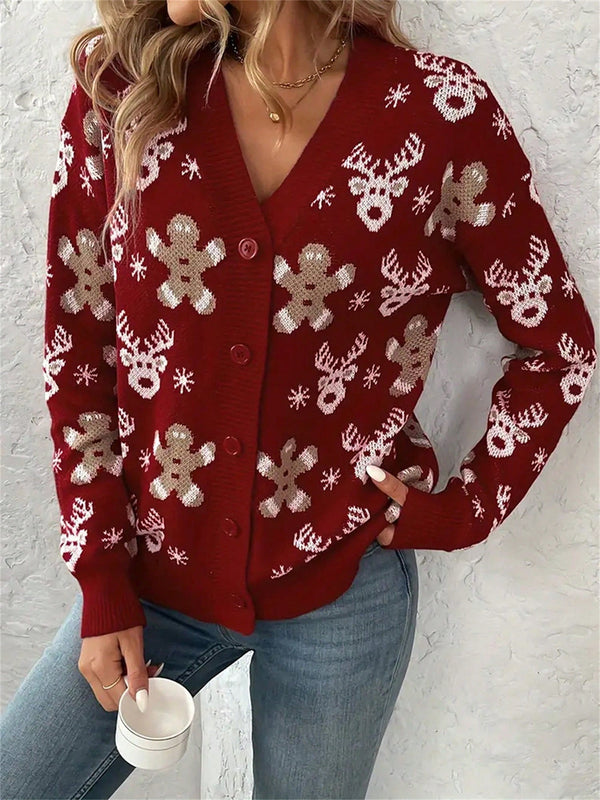 Cardigan de navidad para mujer de manga larga, cuello en v, abotonado, con estampado de renos y hombres de jengibre