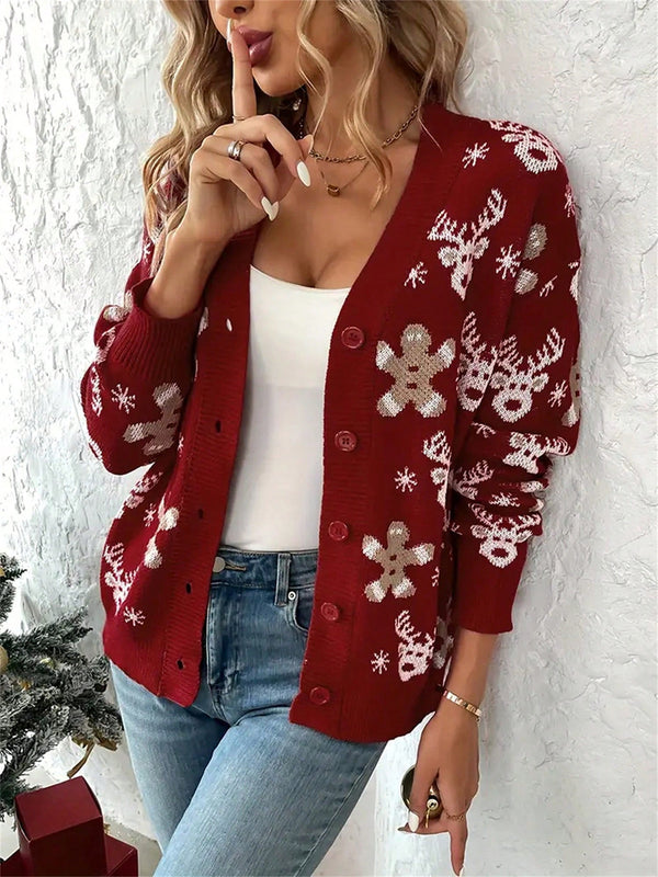 Cardigan de navidad para mujer de manga larga, cuello en v, abotonado, con estampado de renos y hombres de jengibre