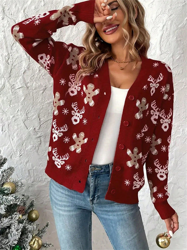 Cardigan de navidad para mujer de manga larga, cuello en v, abotonado, con estampado de renos y hombres de jengibre