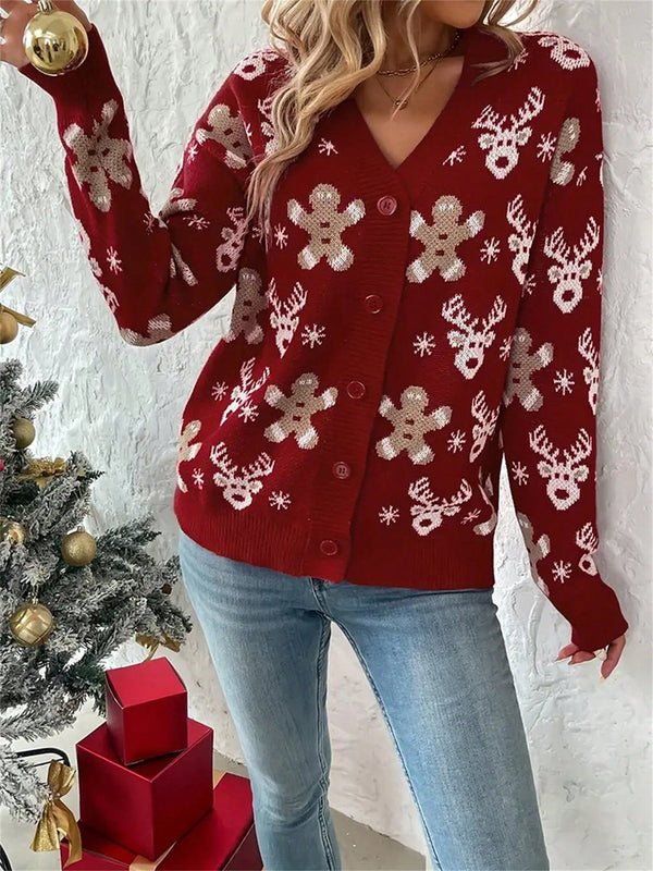 Cardigan de navidad para mujer de manga larga, cuello en v, abotonado, con estampado de renos y hombres de jengibre