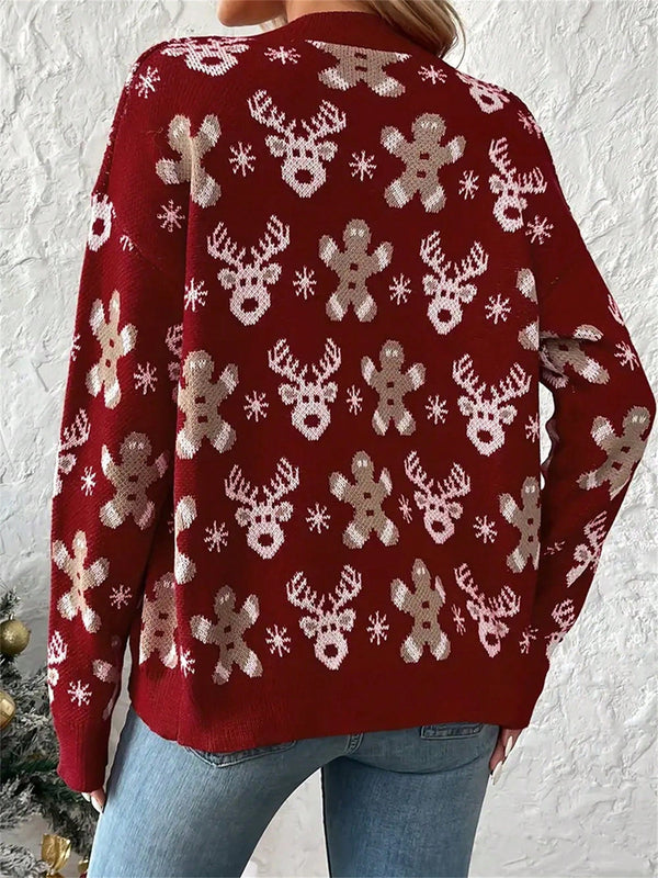Cardigan de navidad para mujer de manga larga, cuello en v, abotonado, con estampado de renos y hombres de jengibre
