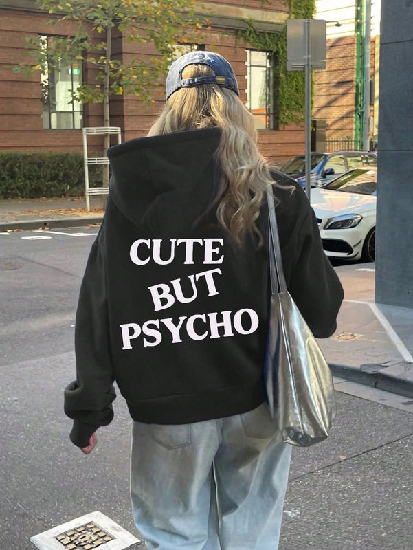 Ezwear sudadera holgada con grafico impreso "cute but psycho" de estilo minimalista casual, apta para otono e invierno