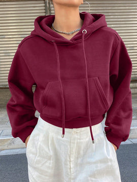 Dazy sudadera con capucha corta de unicolor informal para mujer, de manga larga, para otono/invierno