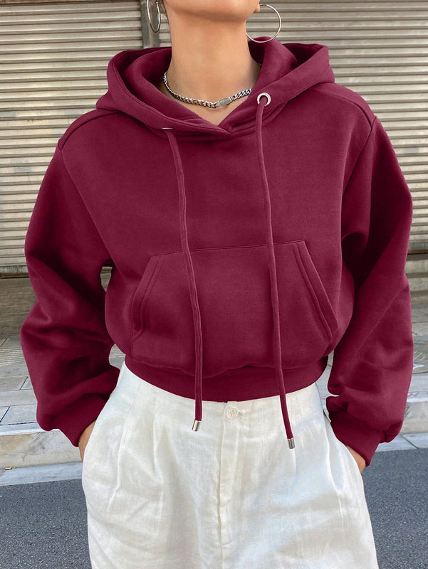 Dazy sudadera con capucha corta de unicolor informal para mujer, de manga larga, para otono/invierno