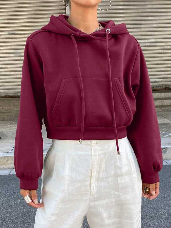 Dazy sudadera con capucha corta de unicolor informal para mujer, de manga larga, para otono/invierno