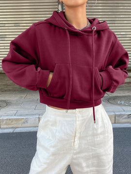 Dazy sudadera con capucha corta de unicolor informal para mujer, de manga larga, para otono/invierno