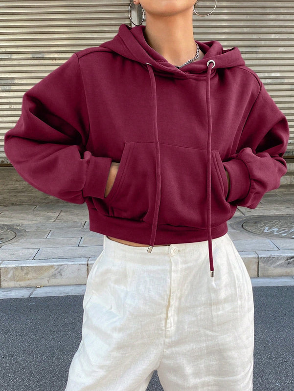 Dazy sudadera con capucha corta de unicolor informal para mujer, de manga larga, para otono/invierno