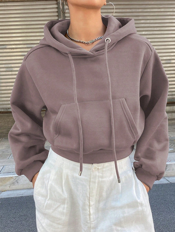 Dazy sudadera con capucha corta de unicolor informal para mujer, de manga larga, para otono/invierno