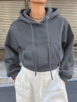 Dazy sudadera con capucha corta de unicolor informal para mujer, de manga larga, para otono/invierno