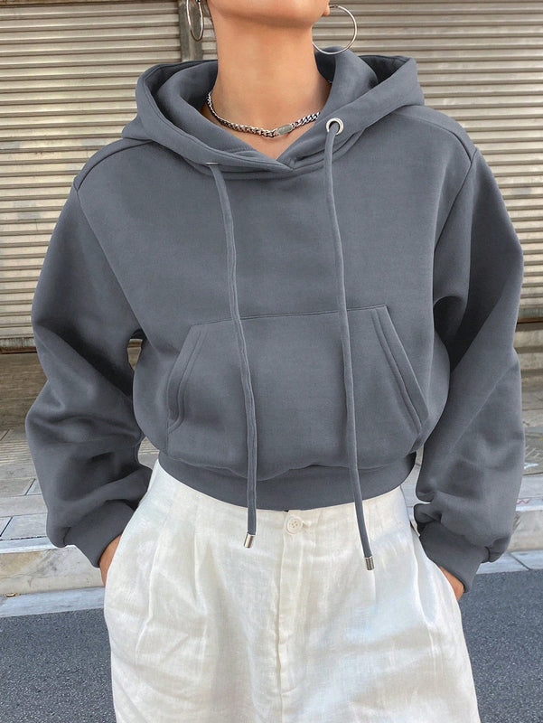 Dazy sudadera con capucha corta de unicolor informal para mujer, de manga larga, para otono/invierno