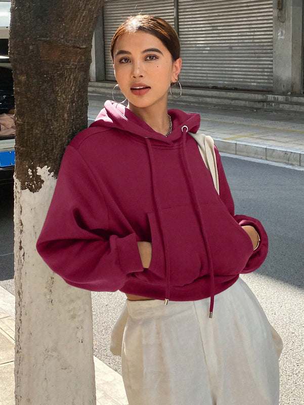 Dazy sudadera con capucha corta de unicolor informal para mujer, de manga larga, para otono/invierno