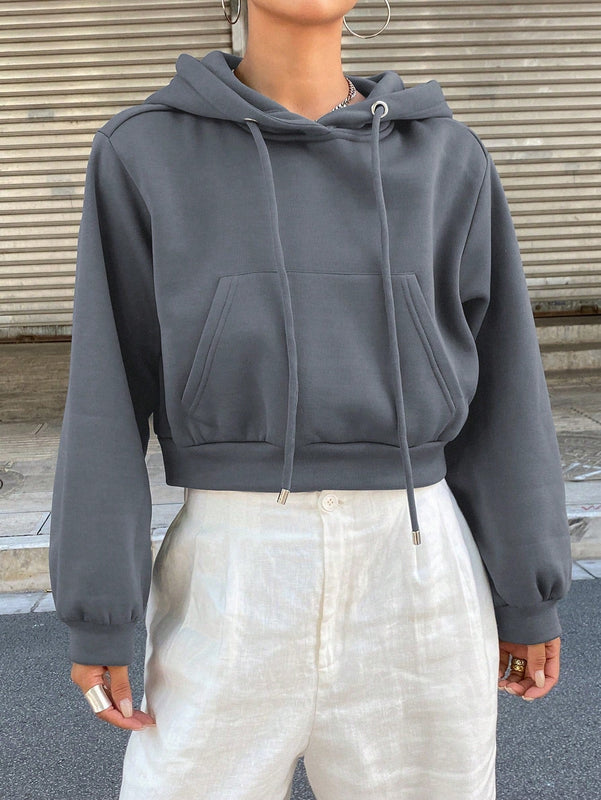Dazy sudadera con capucha corta de unicolor informal para mujer, de manga larga, para otono/invierno