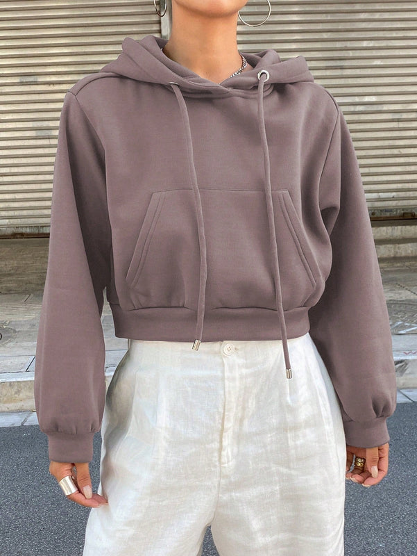 Dazy sudadera con capucha corta de unicolor informal para mujer, de manga larga, para otono/invierno