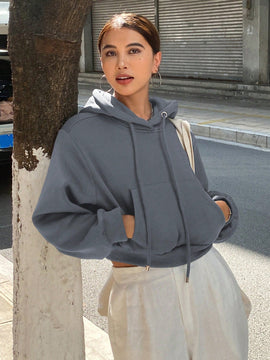 Dazy sudadera con capucha corta de unicolor informal para mujer, de manga larga, para otono/invierno