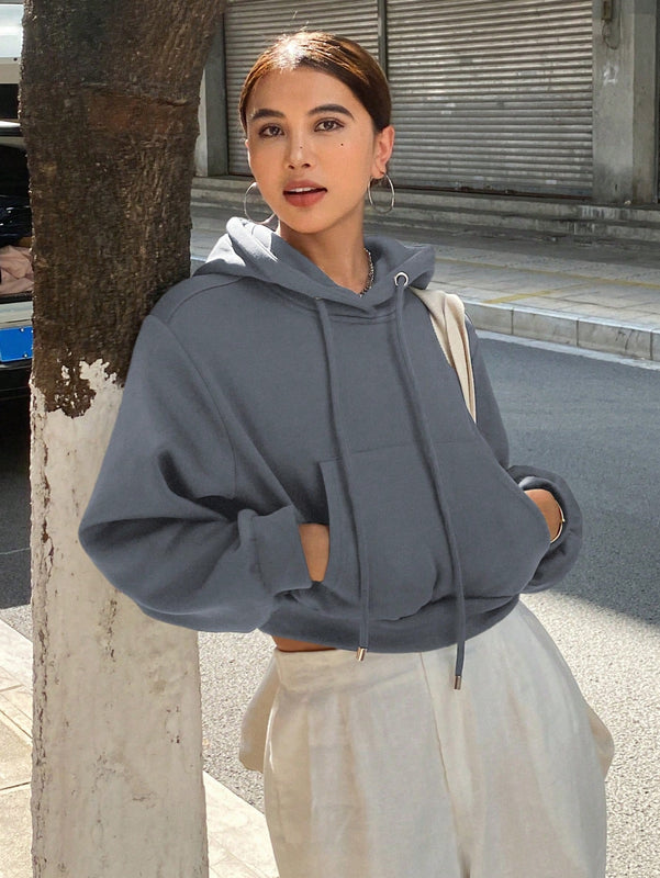 Dazy sudadera con capucha corta de unicolor informal para mujer, de manga larga, para otono/invierno