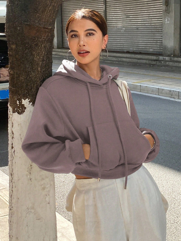 Dazy sudadera con capucha corta de unicolor informal para mujer, de manga larga, para otono/invierno