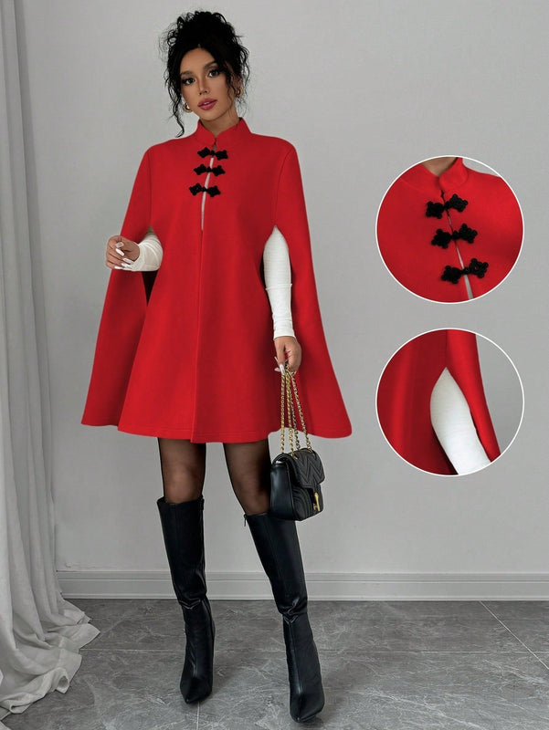 Elenzya abrigo capa elegante con cuello de pie, decoracion de botones y bloque de color con estilo chino para mujeres, tela de lana gruesa, otono/invierno