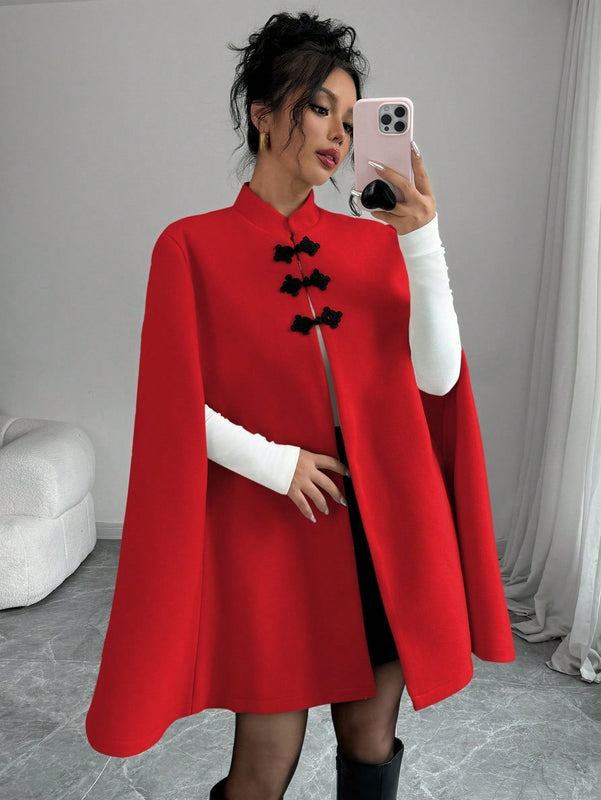 Elenzya abrigo capa elegante con cuello de pie, decoracion de botones y bloque de color con estilo chino para mujeres, tela de lana gruesa, otono/invierno