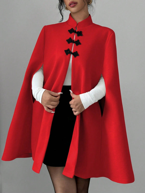 Elenzya abrigo capa elegante con cuello de pie, decoracion de botones y bloque de color con estilo chino para mujeres, tela de lana gruesa, otono/invierno