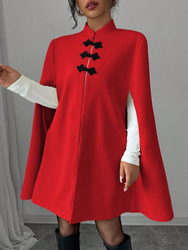 Elenzya abrigo capa elegante con cuello de pie, decoracion de botones y bloque de color con estilo chino para mujeres, tela de lana gruesa, otono/invierno
