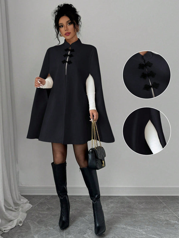 Elenzya abrigo capa elegante con cuello de pie, decoracion de botones y bloque de color con estilo chino para mujeres, tela de lana gruesa, otono/invierno