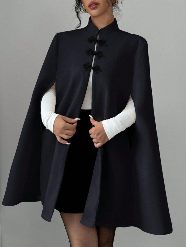 Elenzya abrigo capa elegante con cuello de pie, decoracion de botones y bloque de color con estilo chino para mujeres, tela de lana gruesa, otono/invierno