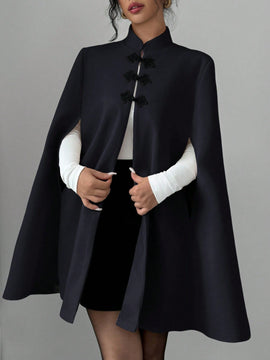Elenzya capa, poncho y capa con cuello de pie, decoracion de botones con bloque de color en estilo chino, abrigo de lana grueso para mujer, otono/invierno