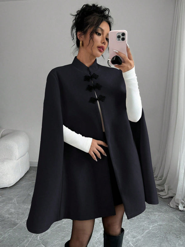 Elenzya abrigo capa elegante con cuello de pie, decoracion de botones y bloque de color con estilo chino para mujeres, tela de lana gruesa, otono/invierno