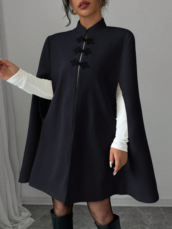 Elenzya abrigo capa elegante con cuello de pie, decoracion de botones y bloque de color con estilo chino para mujeres, tela de lana gruesa, otono/invierno