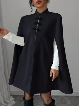 Elenzya capa, poncho y capa con cuello de pie, decoracion de botones con bloque de color en estilo chino, abrigo de lana grueso para mujer, otono/invierno