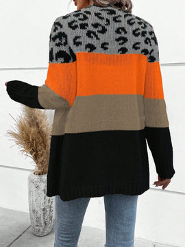 Lune cardigan casual de mujer con estampado de leopardo, parches y manga larga con un solo abotonamiento, para otono/invierno