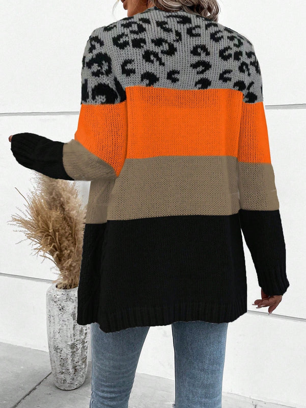 Lune cardigan informal de uso diario con parche de estampado de leopardo y botones adelante, apto para otono/invierno