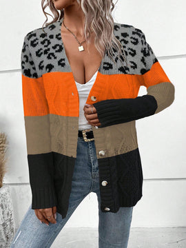 Lune cardigan informal de uso diario con parche de estampado de leopardo y botones adelante, apto para otono/invierno
