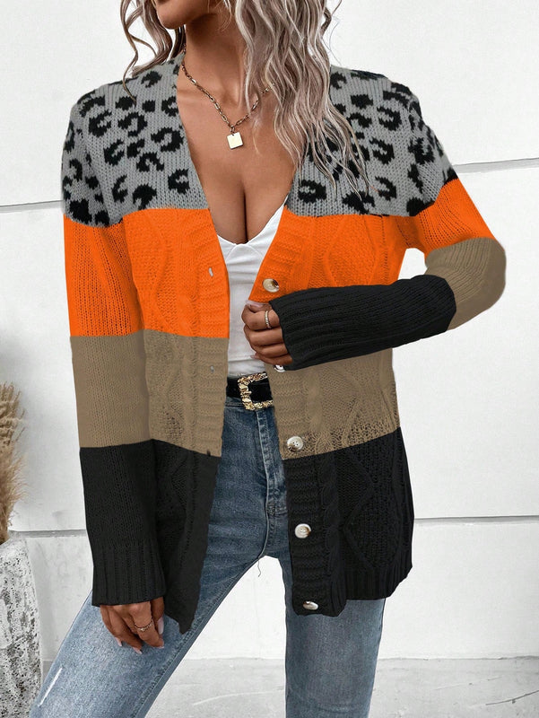 Lune cardigan informal de uso diario con parche de estampado de leopardo y botones adelante, apto para otono/invierno