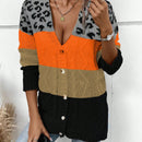Lune cardigan informal de uso diario con parche de estampado de leopardo y botones adelante, apto para otono/invierno