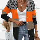 Lune cardigan casual de mujer con estampado de leopardo, parches y manga larga con un solo abotonamiento, para otono/invierno
