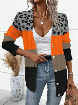 Lune cardigan casual de mujer con estampado de leopardo, parches y manga larga con un solo abotonamiento, para otono/invierno
