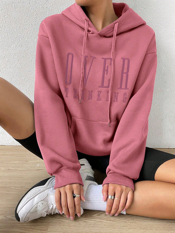 Moosta sudadera con capucha de manga larga para mujer con bordado de letras y bolsillo, para uso casual diario