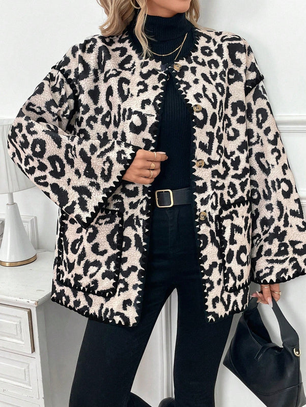 Frenchy chaqueta casual de mujer con estampado de leopardo, manga acampanada, para otono/invierno, de terciopelo con estampado de felpa (tela no esponjosa), con bolsillos delanteros con botones de color contrastante. chaqueta casual de manga larga