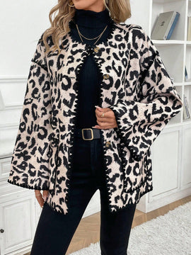 Frenchy chaqueta casual de mujer con estampado de leopardo, manga acampanada, para otono/invierno, de terciopelo con estampado de felpa (tela no esponjosa), con bolsillos delanteros con botones de color contrastante. chaqueta casual de manga larga