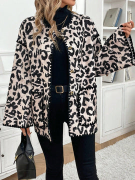 Frenchy chaqueta casual de mujer con estampado de leopardo, manga acampanada, para otono/invierno, de terciopelo con estampado de felpa (tela no esponjosa), con bolsillos delanteros con botones de color contrastante. chaqueta casual de manga larga
