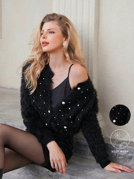 Prive elegante cardigan de punto con cuello en v, estampado de argyle de strass y apariencia de piel de vison sintetica para mujeres