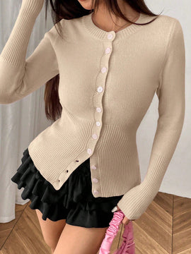 Moosta mujer chaqueta de punto de unicolor con cuello redondo, manga larga, de abotonadura sencilla, versatil y de moda, para otono/invierno